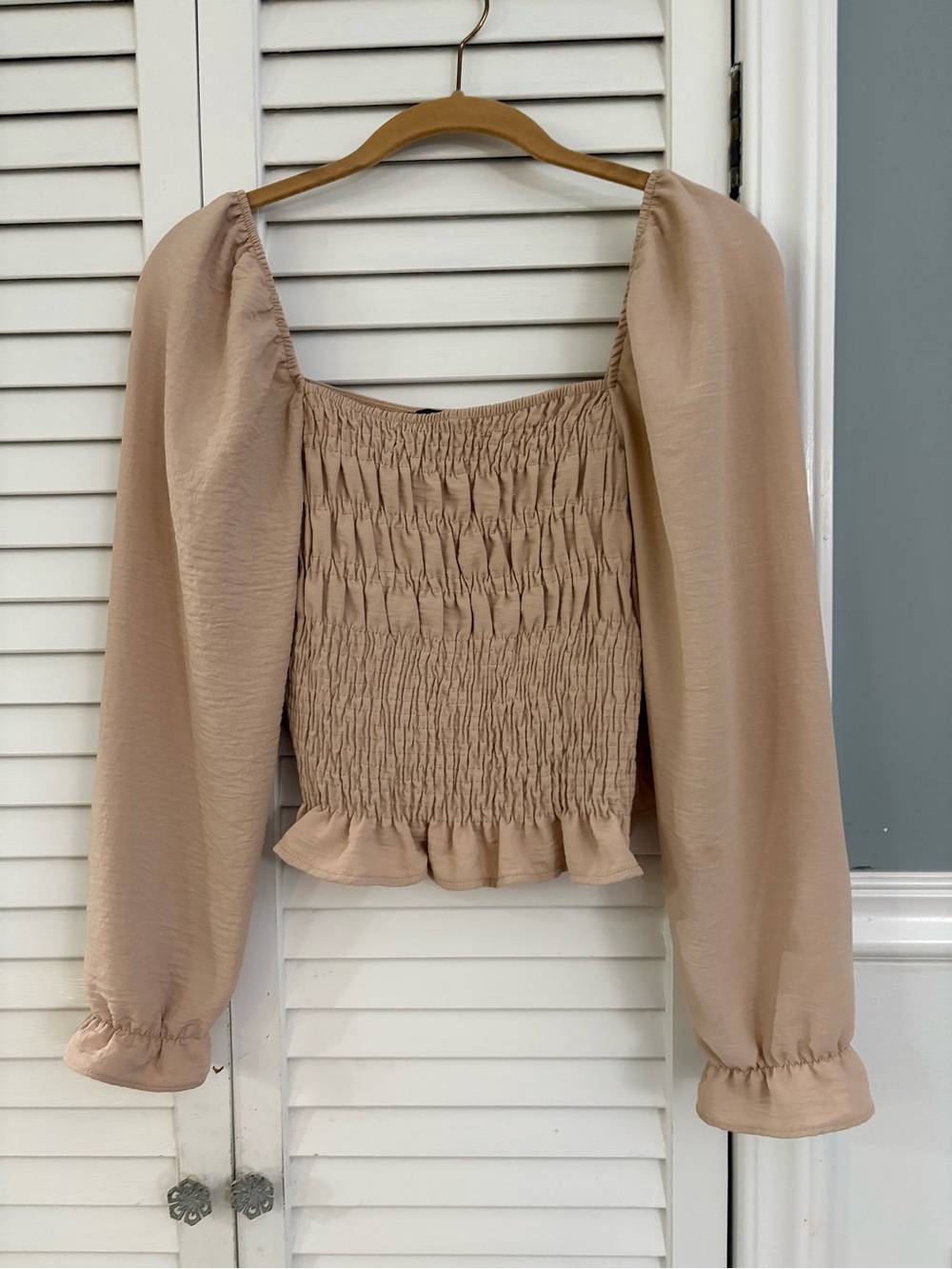 Smocked Puff-Sleeve Long Sleeve Top in Beige